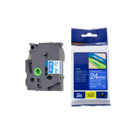 Cinta Brother TZe-555 Blanco / Azul 24 mm de ancho x 8 m de largo - Laminada Cinta Brother TZe-555 Blanco / Azul 24 mm de ancho x 8 m de largo - Laminada