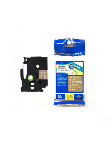 Cinta Brother TZe-MQ835 Blanco / Dorado 12 mm de ancho x 5 m de largo - Laminada
