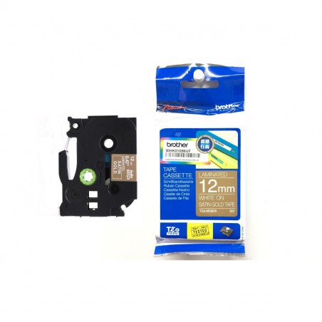 Cinta Brother TZe-MQ835 Blanco / Dorado 12 mm de ancho x 5 m de largo - Laminada Cinta Brother TZe-MQ835 Blanco / Dorado 12 mm de ancho x 5 m de largo - Laminada