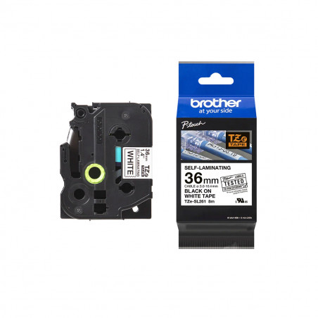 Cinta Brother TZe-SL261 Negro / Blanco 36 mm de ancho x 8 m de largo - Autolaminada Cinta Brother TZe-SL261 Negro / Blanco 36 mm de ancho x 8 m de largo - Autolaminada