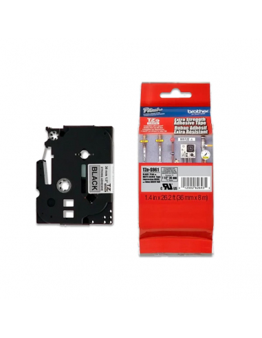 Cinta Brother TZe-S961 Negro / Plateado 36mm de ancho x 8 m de largo - Laminada  Adhesivo extra