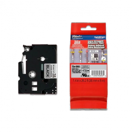 Cinta Brother TZe-S961 Negro / Plateado 36mm de ancho x 8 m de largo - Laminada  Adhesivo extra Cinta Brother TZe-S961 Negro / Plateado 36mm de ancho x 8 m de largo - Laminada  Adhesivo extra