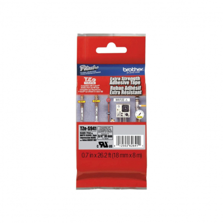 Cinta Brother TZe-S941 Negro / Plateado 18mm de ancho x 8 m de largo - Laminada  Adhesivo extra Cinta Brother TZe-S941 Negro / Plateado 18mm de ancho x 8 m de largo - Laminada  Adhesivo extra