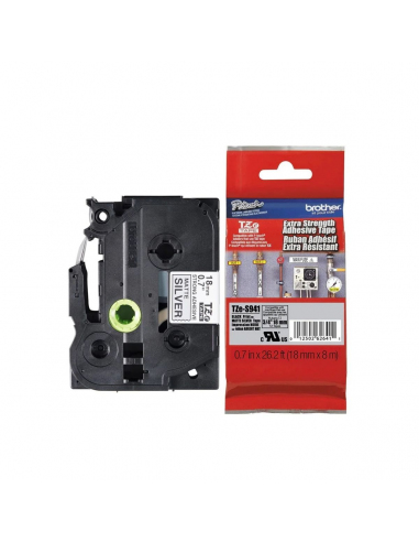 Cinta Brother TZe-S941 Negro / Plateado 18mm de ancho x 8 m de largo - Laminada  Adhesivo extra