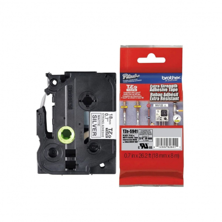 Cinta Brother TZe-S941 Negro / Plateado 18mm de ancho x 8 m de largo - Laminada  Adhesivo extra Cinta Brother TZe-S941 Negro / Plateado 18mm de ancho x 8 m de largo - Laminada  Adhesivo extra