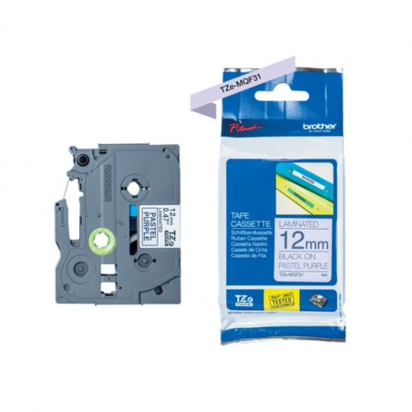 Cinta Brother TZe-MQF31 Negro / Lila Pastel 12mm de ancho x 4 m de largo - Laminada