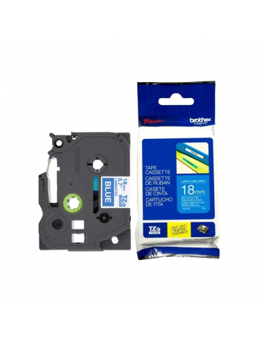 Cinta Brother TZe-545 Blanco / Azul 18 mm de ancho x 8 m de largo - Laminada
