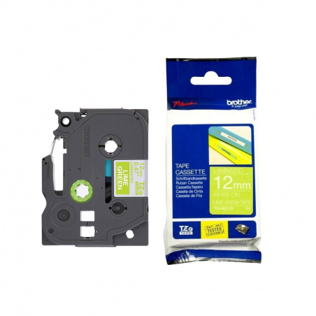 Cinta Brother TZe-MQG35 Blanco / Verde Lima 12mm de ancho x 5 m de largo - Laminada Cinta Brother TZe-MQG35 Blanco / Verde Lima 12mm de ancho x 5 m de largo - Laminada