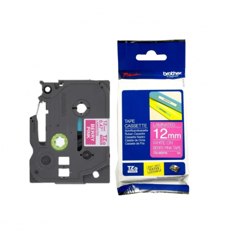 Cinta Brother TZe-MQP35 Blanco / Fucsia 12mm de ancho x 5 m de largo - Laminada Cinta Brother TZe-MQP35 Blanco / Fucsia 12mm de ancho x 5 m de largo - Laminada