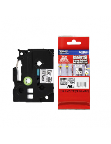 Cinta Brother TZe-S951 Negro / Plateado 24mm de ancho x 8 m de largo - Laminada  Adhesivo extra