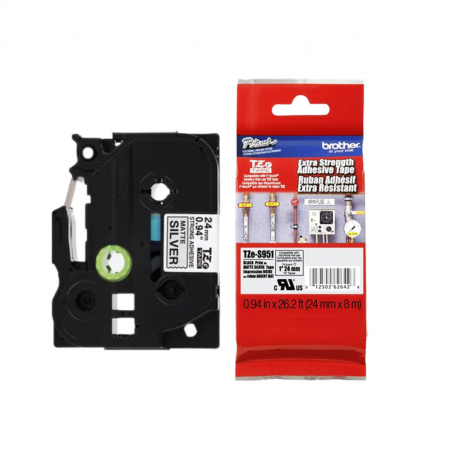 Cinta Brother TZe-S951 Negro / Plateado 24mm de ancho x 8 m de largo - Laminada  Adhesivo extra Cinta Brother TZe-S951 Negro / Plateado 24mm de ancho x 8 m de largo - Laminada  Adhesivo extra