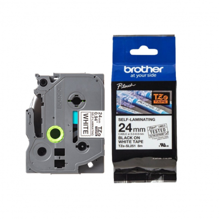 Cinta Brother TZe-SL251 Negro / Blanco 24mm de ancho x 8 m de largo - Autolaminada Cinta Brother TZe-SL251 Negro / Blanco 24mm de ancho x 8 m de largo - Autolaminada