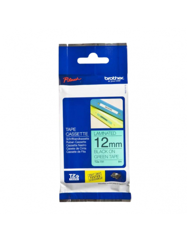 Cinta Brother TZe-731 Negro/ Verde 12 mm de ancho x 8 m - Laminada Cinta Brother TZe-731 Negro/ Verde 12 mm de ancho x 8 m - Laminada