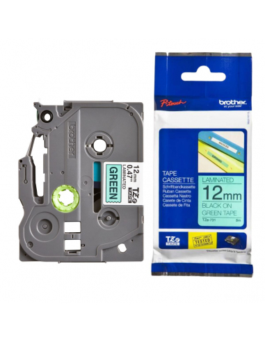 Cinta Brother TZe-731 Negro/ Verde 12 mm de ancho x 8 m - Laminada