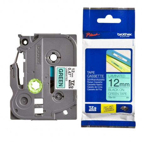 Cinta Brother TZe-731 Negro/ Verde 12 mm de ancho x 8 m - Laminada Cinta Brother TZe-731 Negro/ Verde 12 mm de ancho x 8 m - Laminada
