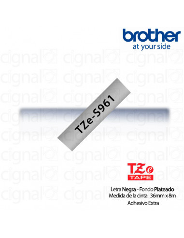 Cinta Brother TZe-S961 Negro / Plateado 36mm de ancho x 8 m de largo - Laminada  Adhesivo extra