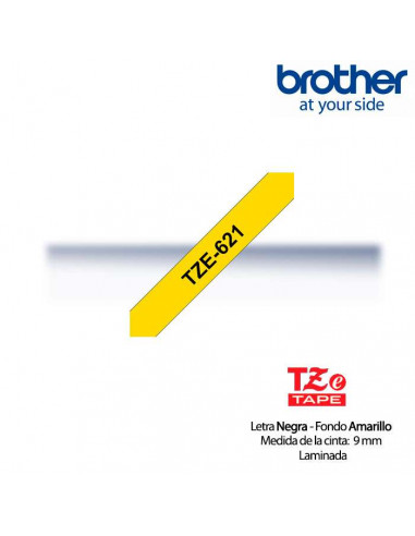 Cinta Brother TZe-621 Negro / Amarillo 9mm de ancho x 8 m de largo - Laminada