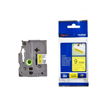 Cinta Brother TZe-S621 Negro / Amarillo 9mm de ancho x 8 m de largo - Laminada  Adhesivo extra Cinta Brother TZe-S621 Negro / Amarillo 9mm de ancho x 8 m de largo - Laminada  Adhesivo extra