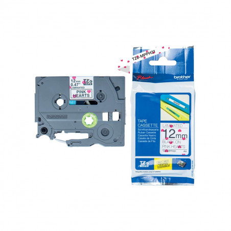 Cinta Brother TZe-MPPH31 Negro / Corazones rosas 12mm de ancho x 4 m de largo - Laminada