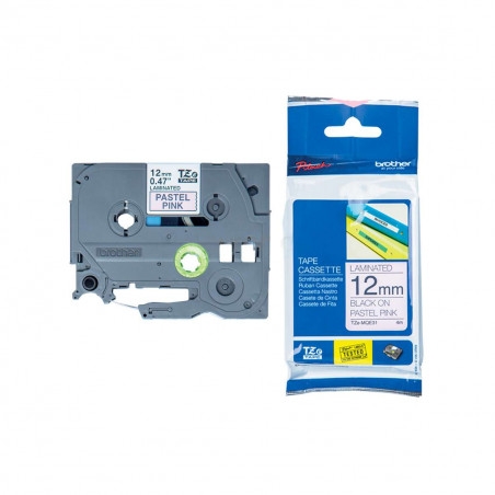 Cinta Brother TZe-MQE31 Negro / Rosa Pastel 12mm de ancho x 4 m de largo - Laminada Cinta Brother TZe-MQE31 Negro / Rosa Pastel 12mm de ancho x 4 m de largo - Laminada