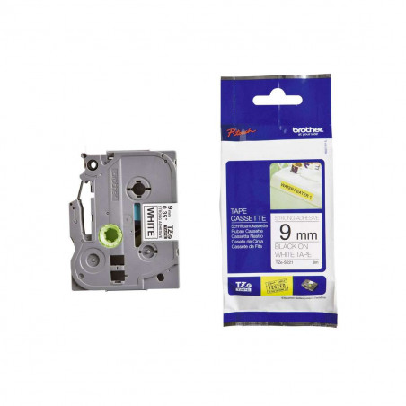 Cinta Brother TZe-S221 Negro / Blanco 9 mm de ancho x 8 m de largo - Laminada Adhesivo extra Cinta Brother TZe-S221 Negro / Blanco 9 mm de ancho x 8 m de largo - Laminada Adhesivo extra
