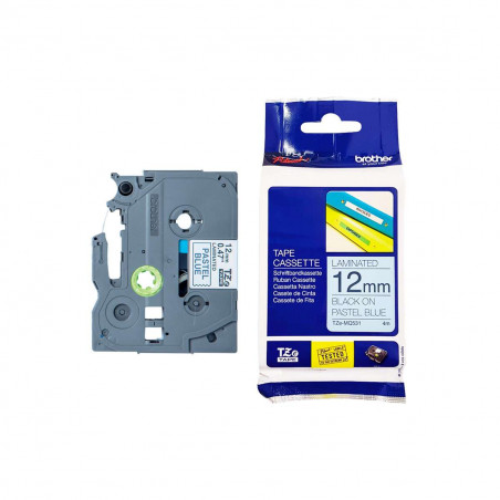 Cinta Brother TZe-MQ531 Negro / Celeste Pastel 12mm de ancho x 4 m de largo - Laminada