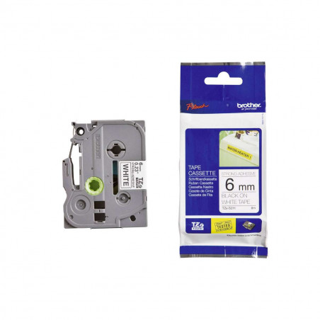 Cinta Brother TZe-S211 Negro / Blanco 6 mm de ancho x 8 m de largo - Laminada Adhesivo extra Cinta Brother TZe-S211 Negro / Blanco 6 mm de ancho x 8 m de largo - Laminada Adhesivo extra