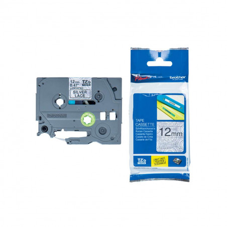 Cinta Brother TZe-MPSL31 Negro / Encaje Plateado 12mm de ancho x 4 m de largo - Laminada Cinta Brother TZe-MPSL31 Negro / Encaje Plateado 12mm de ancho x 4 m de largo - Laminada
